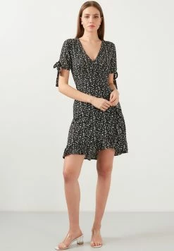 LELA Floral V Neck Ruffle Detail Mini- Jurk - Black -LELA Winkel 0740cbcb7b5243629048e8dfc2a8515d