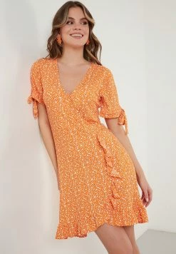 LELA Floral V Neck Ruffle Detail Mini- Jurk - Orange Color -LELA Winkel 0745fbffb21743099ae356129b5d5e24