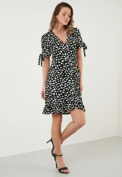 LELA Floral V Neck Ruffle Detail Mini- Jurk - Black-Lepoard -LELA Winkel 494acf94b6004a37a045a3aee74df445