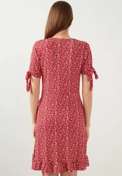 LELA Floral V Neck Ruffle Detail Mini- Jurk - Red -LELA Winkel 5b111d5a5d7040b5b69e0490a6b97938