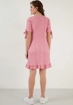 LELA Floral V Neck Ruffle Detail Mini- Jurk - Fuchsia -LELA Winkel 7cd43d10d6984f369bd44bcf420a1299