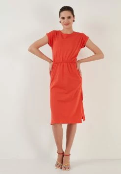 LELA Short Sleeve Midi - Jurk - Brick Red -LELA Winkel b3b536e7ca504525834614f4f1327be3