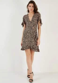 LELA Floral V Neck Ruffle Detail Mini- Jurk - Leopard