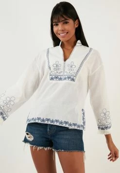 LELA Regular Fit - Blouse - Ecru Indigo -LELA Winkel caab07dd07ca4a22ab23060d7d96d7e6