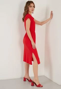 LELA Short Sleeve Midi - Jurk - Red -LELA Winkel edaf7247922b4d5ca25328ba1a508f99